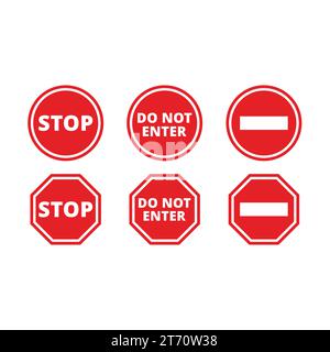 Stop and do not enter red sign set. Ban or banned, no entering icon signs. Stock Vector