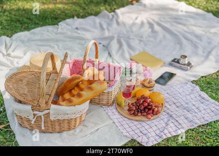 https://l450v.alamy.com/450v/2t70wf0/picnic-basket-with-fruit-and-bakery-on-a-blanket-in-the-park-summer-picnic-with-fresh-fruits-and-croissants-in-the-garden-2t70wf0.jpg