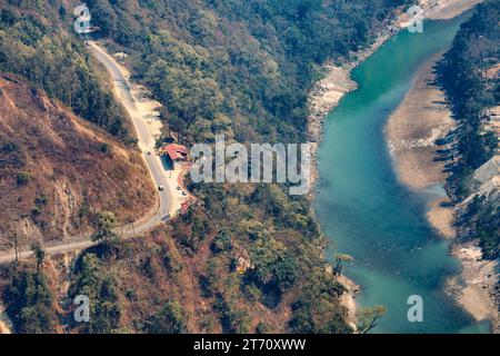 Aerial view of Teesta river valley with adjacent National Highway road at Darjeeling district of India Stock Photo