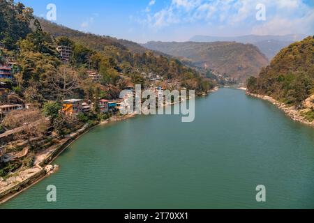 Aerial view of Teesta river valley with cityscape and view of the Himalaya mountain range at Darjeeling district, India Stock Photo