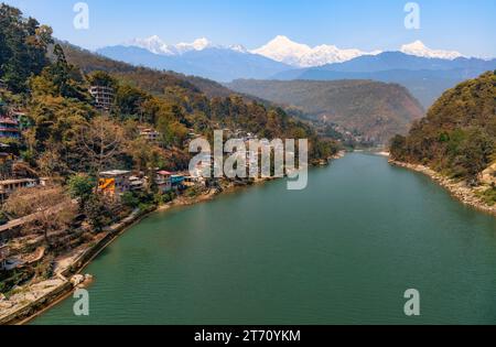 Aerial view of Teesta river valley with cityscape and view of the Himalaya mountain range at Darjeeling district, India Stock Photo