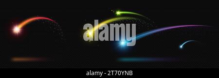 Colorful firework trails on transparent background. Vector realistic illustration of yellow, blue, green, red shootings stars with arc tails, sparkling beams, shimmering particles, magic power effect Stock Vector