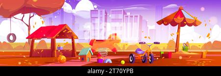 Kid playground in autumn city park illustration. Fall street landscape with school yard with amusement for children. Outdoor public entertainment activity for kindergarten in nature environment Stock Vector