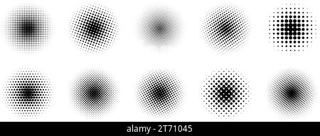 Halftone gradient circles collection. Dots textured round patterns. Cartoon comic radial faded background set. Abstract pixelated elements for frame, poster, collage, banner. Vector bundle.  Stock Vector