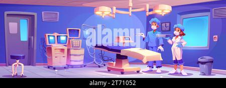 Surgeon and nurse standing in operating room with medical equipment and instruments for hospital operation. Cartoon vector clinic chamber with table and lamp, appliances to control patient health. Stock Vector