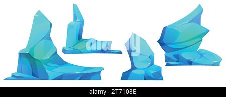 Ice blocks set isolated on white background. Vector cartoon illustration of blue iceberg pieces, north pole glacier, cold ocean floes, crystals of frozen water, winter game landscape design elements Stock Vector