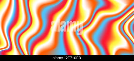 Psychedelic iridescent background. Bright neon holographic wallpaper. Blue red orange yellow wavy fluid gradient texture. Abstract acid trippy backdrop for banner, poster, cover, overlay. Vector  Stock Vector