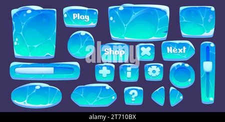 Ice game ui buttons set isolated on background. Vector cartoon illustration of blue frozen frames of square, round, rectangle shape, equalizer and progress bars, arrows, info, settings, close icons Stock Vector