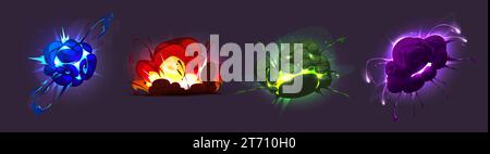 Explosion boom effects set isolated on background. Vector cartoon illustration of blue, red, green, purple fire and smoke clouds, bomb blast, magic power strike with lightning, sparkles, alien attack Stock Vector