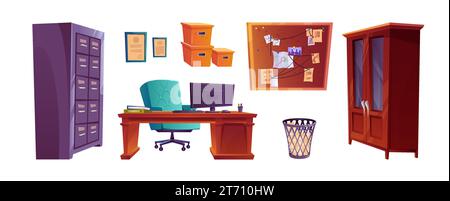 Retro detective office furniture set isolated on white background ...