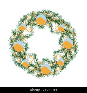 Winter wreath of fir twigs with Christmas balls. Modern design of a holiday invitation card, poster, banner, greeting card, postcard, packaging, print Stock Vector
