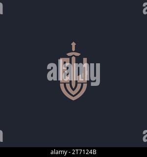 EJ logo monogram with sword and shield style design template vector Stock Vector