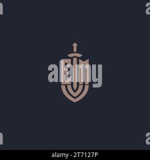 EM logo monogram with sword and shield style design template vector Stock Vector