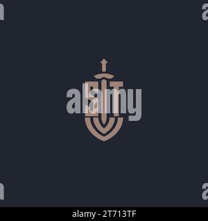 ST logo monogram with sword and shield style design template vector Stock Vector