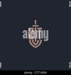 ZT logo monogram with sword and shield style design template vector Stock Vector