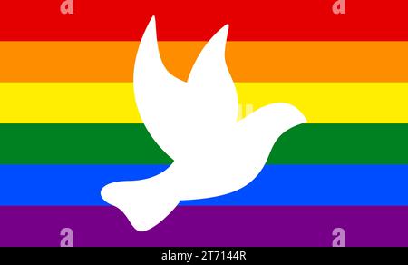 eps vector illustration with white peace dove in front of rainbow flag as a sign for lgbtg and against war Stock Vector