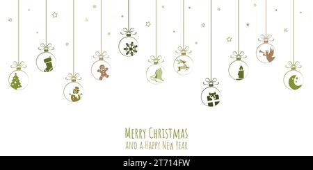 hanging baubles colored green with different abstract icons for christmas and winter time concepts and greetings for christmas and New Year Stock Vector