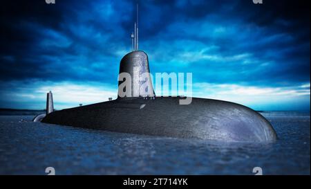 Military submarine on the sea surface . 3D illustration. Stock Photo