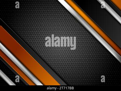 Technology orange and black abstract background with metallic stripes and perforated texture. Vector geometric design Stock Vector