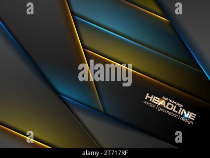 Abstract black background with orange blue neon glowing stripes. Vector technology design Stock Vector