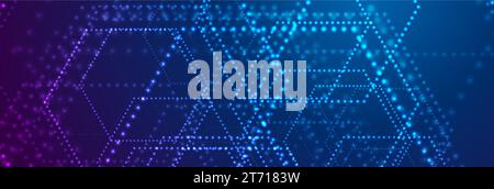 Neon glowing futuristic dotted hexagons abstract hi-tech background. Vector geometric banner design Stock Vector