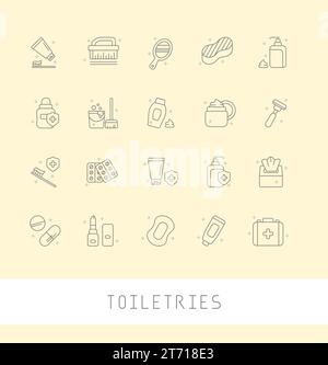 Vector travel toiletries icons. Editable icons. Toothbrush shampoo conditioner deodorant moisturizer hand cream facial cleanser sunscreen razor Stock Vector