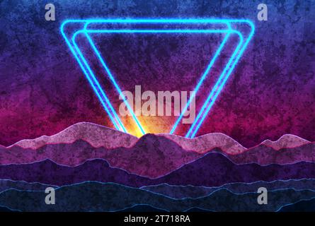 Retro nature abstract background witn neon triangles and night mountains. Grunge vector graphic design Stock Vector
