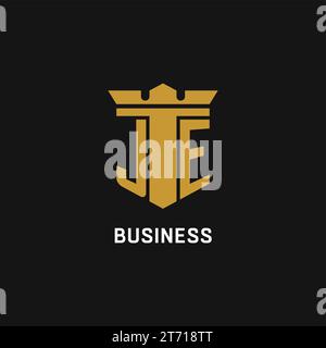 JE initial logo with shield and crown style design ideas Stock Vector