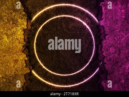 Orange and purple grunge broken concrete wall with neon circles abstract background. Vector design Stock Vector
