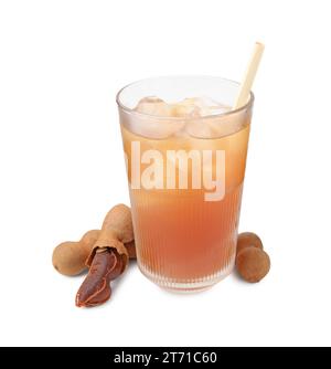 Glass of tamarind juice and fresh fruits isolated on white Stock Photo