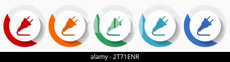 Electricity, plug vector icon set, flat design colorful round icons in 5 color options for webdesign and mobile applications Stock Vector