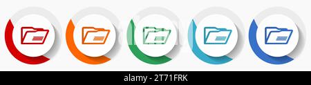 Folder vector icon set, flat design colorful round icons in 5 color options for webdesign and mobile applications Stock Vector