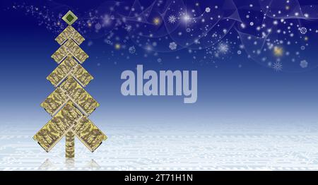Abstract Christmas and New Year concept with  stylised Christmas tree made from memory modules, snowflakes and stars on delicate blue gradient backgro Stock Photo