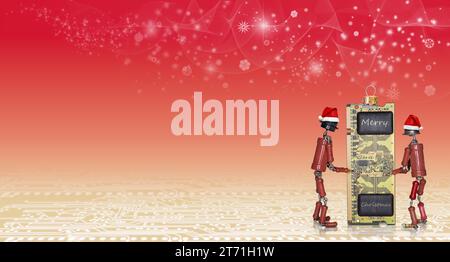 Abstract Christmas and New Year concept with handmade human figures made of radio components holding memory modules on a delicate red gradient backgro Stock Photo