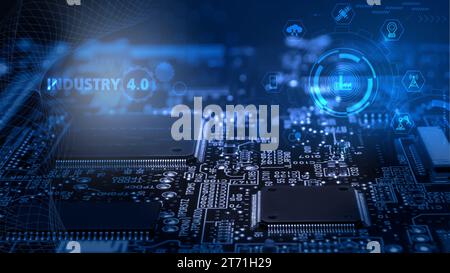 Electronic board with surface-mounted IC and passive components close up. Industry 4.0 Industrial Automation Concept Stock Photo