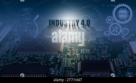 Electronic board with surface-mounted IC and passive components close up. Industry 4.0 Industrial Automation Concept Stock Photo