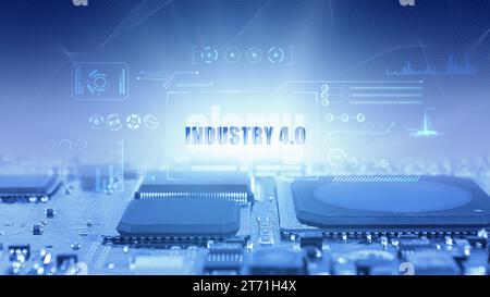 Electronic board with surface-mounted IC and passive components close up. Industry 4.0 Industrial Automation Concept Stock Photo