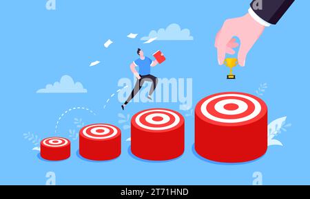 Businessman runs and jumps from small target goal to reach bigger target goal achievement flat style design vector illustration. Career growth and lad Stock Vector