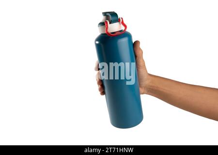 Black male holding thermo bottle canteen no background Stock Photo