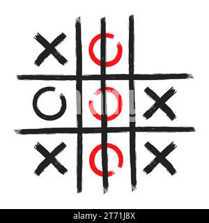 Tic tac toe xo game hand drawn grid doodle template vector illustration isolated on white background. Dirty grunge line tic tac toe game symbols. Stock Vector