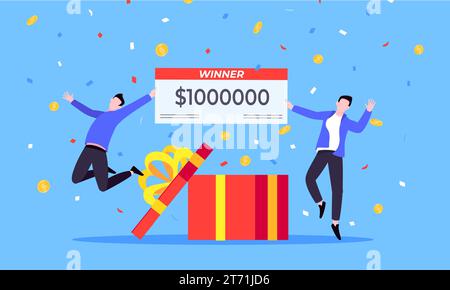 Happy lottery winners with big prize paycheck. Fortune lottery or casino gambling lucky games concept flat style design vector illustration. People ju Stock Vector