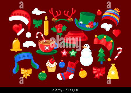 Cartoon Style Christmas items collection. Winter Xmas symbols. Festive New Year vector icons isolated on festive red background for decoration of holi Stock Vector