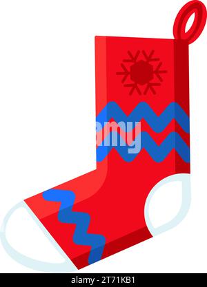 Christmas red knitted sock. Xmas fireplace stocking for gifts in cartoon style. Festive New Year vector icon isolated on white background for decorati Stock Vector