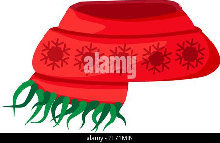 Bright handmade red knitted scarf with fringe and winter ornament. Festive, national, traditional cloth for cartoon vector illustration. Cap for selfi Stock Vector