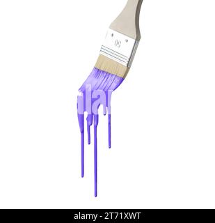 Paint Brush Stroke with dripping violet paint on white Stock Photo
