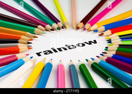 Detail view of many colored pencils arranged in circle on the word rainbow; Detail view of many colored pencils arranged in circle on the word rainbow Stock Photo