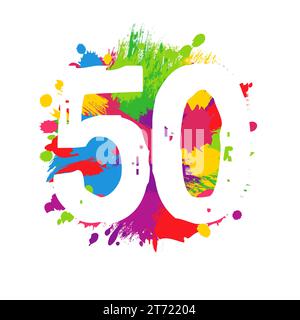 Colorful background with creative number 50. Grunge style. 50th anniversary celebrating logo. 50 years old card. Isolated graphic design. Bright bg Stock Vector