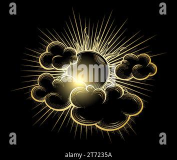 Hand Drawn Golden Sun with Sun Beams and Clouds illustration isolated on black. Vector illustration. Stock Vector