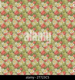 Pattern of tulips and daisies on a green background.  Seamless floral pattern, red, pink tulips, white daisies on a green background. Elements of flow Stock Photo