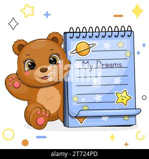 A cute cartoon brown bear with a blue notebook with stickers. Vector illustration of an animal on a white background with stars, circles. Stock Vector